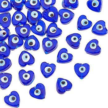 Handmade Evil Eye Lampwork Beads Strands, Heart, Medium Blue, 12x12x6mm, Hole: 1.4mm, about 33pcs/strand, 14.37''(36.5cm)