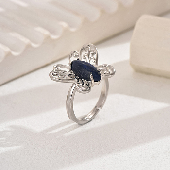 Simple Butterfly Natural Sodalite Adjustable Ring, Brass Ring for Women, Platinum, Inner Diameter: 16~19mm