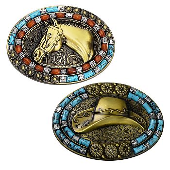 2Pcs 2 Style Zinc Alloy Smooth Buckles, Belt Fastener for Men, with Synthetic Turquoise, Oval with Cowboy Hat & Horse, Antique Bronze, 73.5~75x99~101x28mm, 1pc/style