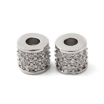 Brass Micro Pave Clear Cubic Zirconia Beads, Column, Real Platinum Plated, 8x7mm, Hole: 3.5mm