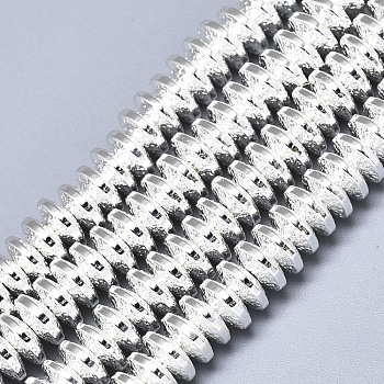 Electroplate Non-magnetic Synthetic Hematite Beads Strands, Bumpy, Disc, Silver Plated, 8x3mm, Hole: 1.4mm, about 120~122pcs/strand, 15.75 inch(40cm)