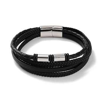 Men's Braided Black PU Leather Cord Multi-Strand Bracelets, Column 304 Stainless Steel Link Bracelets with Magnetic Clasps, Stainless Steel Color, 8-3/4 inch(22.1cm)