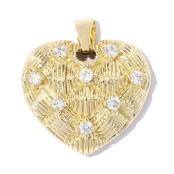 Valentine's Day Brass Clear Cubic Zirconia Pendants, Textured Heart Charms, Mirror Polished Finish, Ion Plating(IP), Real 18K Gold Plated, 20x19mm, Hole: 4.4mm