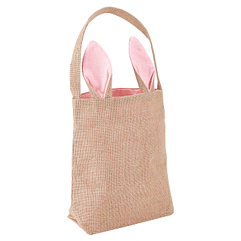 Easter Theme Jute & Cloth Rabbit Ear Gift Bags, Portable Shopping Bag, Cute Handbags for Women Girls, Pink & Tan, Fold: 50.5x30.5x1.2cm, Unfold: 505x220x100mm