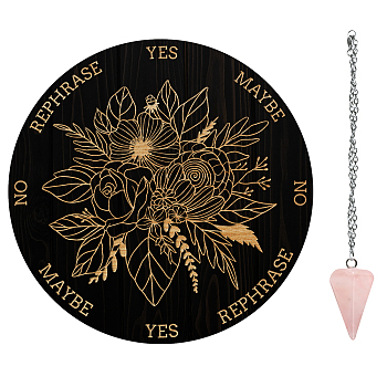 AHADEMAKER 1Pc Cone/Spike/Pendulum Natural Rose Quartz Stone Pendants, 1Pc 304 Stainless Steel Cable Chain Necklaces, 1Pc PVC Custom Pendulum Board, Dowsing Divination Board, Flower Pattern, Board: 200x4mm