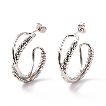 201 Stainless Steel Wrapped Twist Stud Earrings, Half Hoop Earrings with 304 Stainless Steel Pin for Women, Stainless Steel Color, 34.5x27x9mm, Pin: 0.8mm