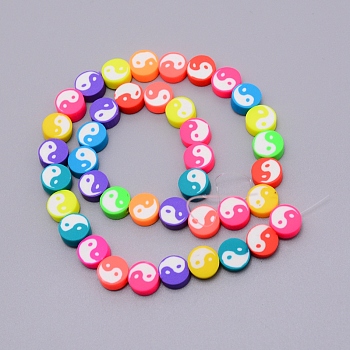 Handmade Polymer Clay Beads Strand, DIY Accessories for Bracklet & Necklace Making, Flat Round with Taiji Pattern, Colorful, 10x4.5mm, Hole: 1mm, about 40pcs/strand, 15.7inch (40cm)