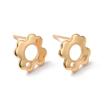 201 Stainless Steel Stud Earring Findings, with Hole and 316 Stainless Steel Pin, Flower, Real 24K Gold Plated, 10x10mm, Hole: 1.2mm, Pin: 0.7mm
