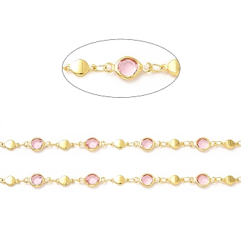 Bass Flat Round Link Chains, with Pink Glass Beaded, Soldered, with Spool, Real 18K Gold Plated, 8.5x4x1.5mm, 12.5x6.5x2.5mm