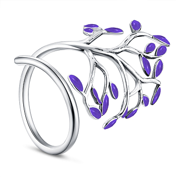SHEGRACE Adjustable 925 Sterling Silver Finger Ring, with Enamel, Leaves, Size 8, Purple, 18mm