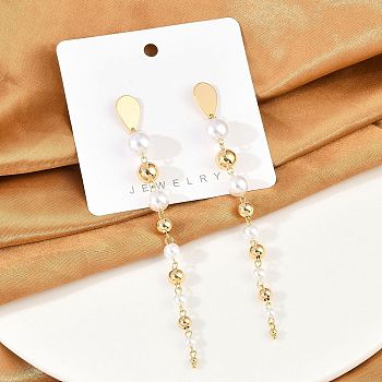 Brass ABS Plastic Pearl Tassel Stud Earrings, Round, Real 18K Gold Plated, 110.5x9.5mm