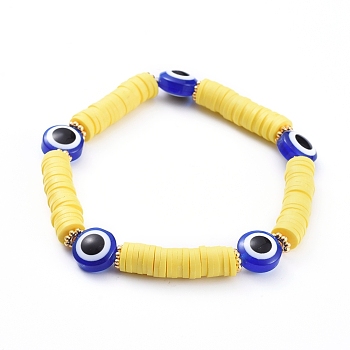 Evil Eye Stretch Bracelets, Handmade Polymer Clay Heishi Beads Stretch Bracelets, with Resin Beads and Alloy Spacer Beads, Yellow, 2-1/2 inch(6.3cm)