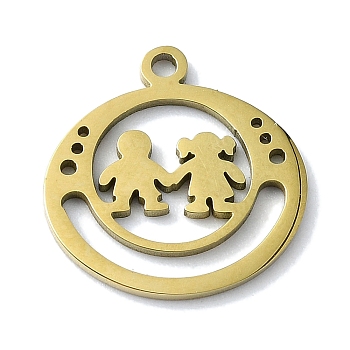 304 Stainless Steel Pendants, Laser Cut, Flat Round with Couple Charm, Golden, 15.5x15x1mm, Hole: 1.2mm