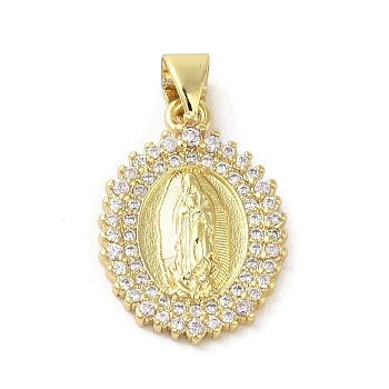 Rack Plating Brass Micro Pave Cubic Zirconia Pendants, Oval with Virgin Mary, Long-Lasting Plated, Cadmium Free & Lead Free, with Jump Ring, Real 18K Gold Plated, 19x13.5x2mm, Hole: 4x3mm