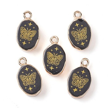 Natural Obsidian Pendants, Golden Plated Brass Oval Charms with Butterfly, 17.5x10.5x5mm, Hole: 1.6mm