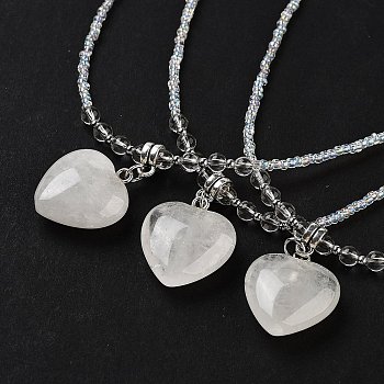 Natural Quartz Crystal Rock Crystal Heart Pendant Necklaces, Glass Seed Beaded Necklaces for Women, 18.70 inch(47.5cm)