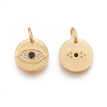 Brass Micro Pave Cubic Zirconia Charms, Lead Free & Cadmium Free, Flat Round with Eye, Black, Matte Gold Color, 10.5x10.5x1.5mm, Hole: 3mm
