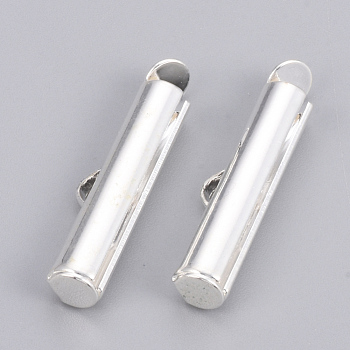 Brass Slide On End Clasp Tubes, Slider End Caps, Silver Color Plated, 6x20x4mm, Hole: 1x3mm, Inner Diameter: 3mm