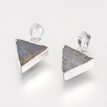 Natural Larvikite Pendants, with Brass Findings, Triangle, Silver Color Plated, 13.5~14x11x4~5mm, Hole: 4x6mm