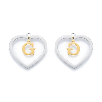 201 Stainless Steel Pendants, Hollow, Heart with Letter A~Z, Real Gold Plated & Stainless Steel Color, Letter.G, 29x29.5x1mm, Hole: 2mm, A~Z: 12x8~10.5x1mm