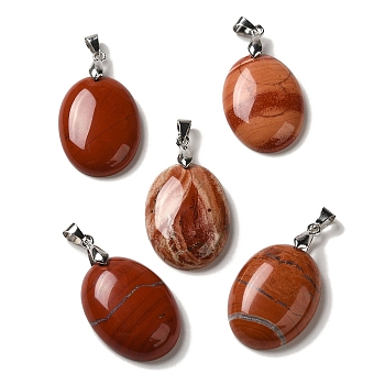 Natural Red Jasper Pendants, Oval Charms with Rack Plating Platinum Plated Brass Snap on Bails, 30x21.5~22x6~6.5mm, Hole: 6x4mm