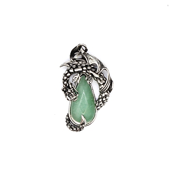 Natural Green Aventurine Brass Pendants, Flying Dragon Charms with Faceted Teardrop Gems, Antique Silver, 38x22x6mm