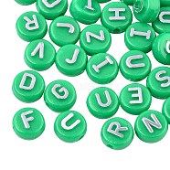 Plating Opaque Acrylic Beads, Metal Enlaced, Flat Round with Letter, Medium Sea Green, 10x6mm, Hole: 1.8mm, about 632pcs/200g(MACR-SZ0001-46B)