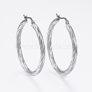 304 Stainless Steel Hoop Earrings, Hypoallergenic Earrings, Twist Stripe, Stainless Steel Color, 42x40x3.5mm, Pin: 1x0.8mm(EJEW-H322-17P)