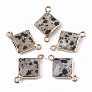 Natural Dalmatian Jasper Links connectors, with Golden Tone Iron Edge, Faceted, Rhombus, 22~23.5x16.5x5.5mm, Hole: 1.5mm, Diagonal Length: 22~23.5mm, Side Length: 12mm(G-T131-10C)