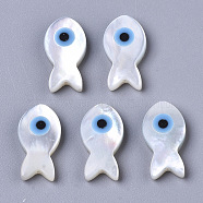 Natural White Shell Mother of Pearl Shell Beads, with Synthetic Turquoise, Fish with Evil Eye, Deep Sky Blue, 15x8x3mm, Hole: 0.7mm(X-SSHEL-N034-48)