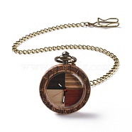 Zebrawood Pocket Watch with Brass Curb Chain and Clips, Roman Numerals Scale Flat Round Electronic Watch for Men, BurlyWood, 16-3/8~17-1/8 inch(41.7~43.5cm)(WACH-D017-F01-AB)