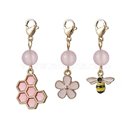 Bee & Honeycomb & Flower Alloy Enamel Pendant Decorations, Natural Malaysia Jade Beads and Lobster Claw Clasps Charms, Pink, 40~46mm, Pendant: 12~22x14~17x1.5~4mm, 3pcs/set(HJEW-JM01600-02)