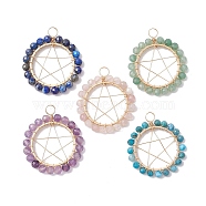 Mixed Gemstone Faceted Round Copper Wire Wrapped Pendants, Pentagram Charms, Mixed Dyed and Undyed, Golden, 30x27x3~3.5mm, Hole: 4mm(PALLOY-JF02550)
