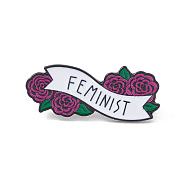 Rose Flower with Feminist Enamel Pin, Electrophoresis Black Alloy Feminism Brooch for Backpack Clothes, Old Rose, 15.5x37.5x1.5mm, Pin: 1mm(JEWB-P015-E02)
