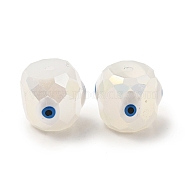 Opaque Glass Beads, with Enamel, Faceted, Drum with Evil Eye Pattern, White, 10.5x10.5mm, Hole: 1.6mm(GLAA-F121-02B)