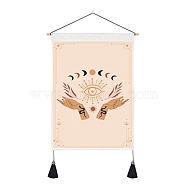 Tarot Pattern Polycotton Wall Hanging Tapestry, Vertical Tapestry, with Wood Rod & Iron Traceless Nail & Cord, for Home Decoration, Rectangle with Palm/Eye Pattern, Sandy Brown, 500x350mm(WICR-PW0001-30A)