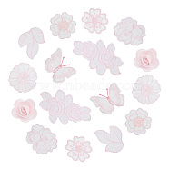 ARRICRAFT 16Pcs 8 Style Polyester Lace Computerized Embroidery Ornament Accessories, for DIY Clothes, Bag, Pants, Shoes Decoration, Flower & Leaf & Butterfly, Pink, 28~84x27~125x0.5~6mm, 2pcs/style(DIY-AR0002-37)