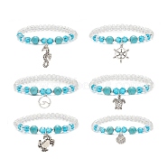 6Pcs 6 Style Synthetic Turquoise & Glass Beaded Stretch Bracelets Set, Sea Horse & Helm & Tortoise & Crab & Shell Shape Zinc Alloy Charms Stackable Bracelets for Women, Inner Diameter: 2 inch(5.1cm), 1Pc/style(BJEW-JB08995)