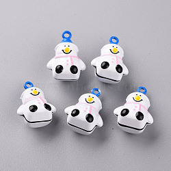 Baking Paint Brass Bell Pendants, Christmas Snowman, Pearl Pink, 24x18x13.5mm, Hole: 2mm(KKB-S002-015A)