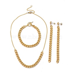 Chain Necklaces & Bracelet & Dangle Earring Sets, with Aluminum Curb Chains, Brass Twisted Chains, 304 Stainless Steel Lobster Claw Clasps & Stud Earring Findings, Alloy Toggle Clasps, Golden, 15.94 inch(40.5cm), 7-5/8 inch(19.5cm), 115mm, Pin: 0.7mm(SJEW-JS01119)