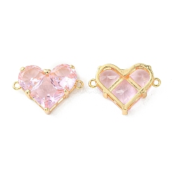 Brass Pave Cubic Zirconia Connector Charms, Heart Links, Real 18K Gold Plated, Pink, 18.5x26x7.5mm, Hole: 1.6mm(KK-L208-04G-03)