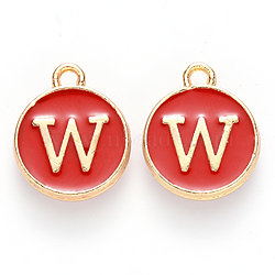 Golden Plated Alloy Enamel Charms, Cadmium Free & Lead Free, Enamelled Sequins, Flat Round, Red, Letter.W, 14x12x2mm, Hole: 1.5mm(ENAM-S118-03W)
