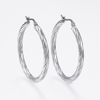 304 Stainless Steel Hoop Earrings, Hypoallergenic Earrings, Twist Stripe, Stainless Steel Color, 42x40x3.5mm, Pin: 1x0.8mm