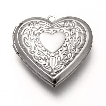 316 Stainless Steel Locket Pendants, Photo Frame Charms for Necklaces, Heart, Stainless Steel Color, 29x28.5x7mm, Hole: 2mm, Inner Diameter: 20x21mm