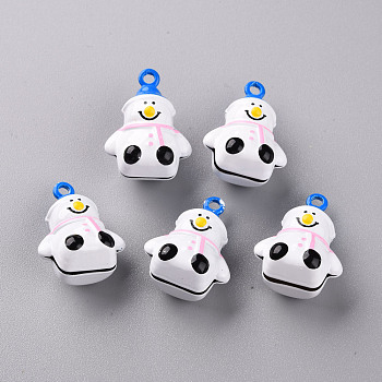 Baking Paint Brass Bell Pendants, Christmas Snowman, Pearl Pink, 24x18x13.5mm, Hole: 2mm