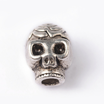 Skull Tibetan Style Alloy Beads, Cadmium Free & Lead Free, Antique Silver, 10x7.5x7mm, Hole: 3mm