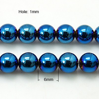 Non-Magnetic Synthetic Hematite Beads Strands, Blue Plated, Round, Blue Plated, 6mm