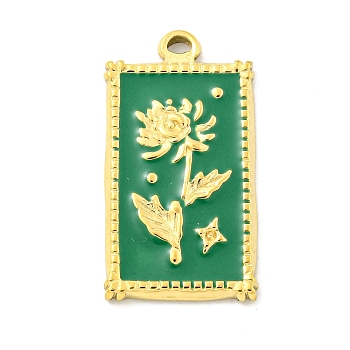 Real 18K Gold Plated PVD Vacuum Plating 304 Stainless Steel Pendants, with Enamel, Rectangle with Flower Charms, Green, 26x14x2mm, Hole: 1.5x2mm