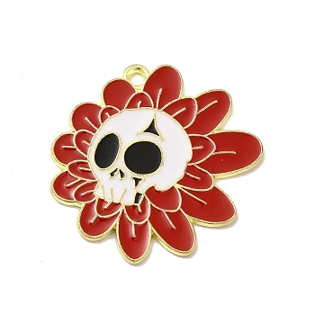 Halloween Alloy Enamel Pendants, Light Gold, Skull with Sunflower Charm, Red, 29x30x1.5mm, Hole: 2mm