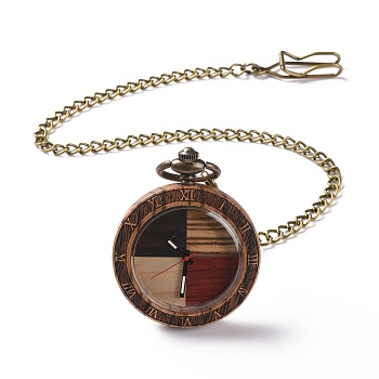 Zebrawood Pocket Watch with Brass Curb Chain and Clips, Roman Numerals Scale Flat Round Electronic Watch for Men, BurlyWood, 16-3/8~17-1/8 inch(41.7~43.5cm)